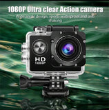 Mini 4K action camera in clear waterproof case, black body with large front lens