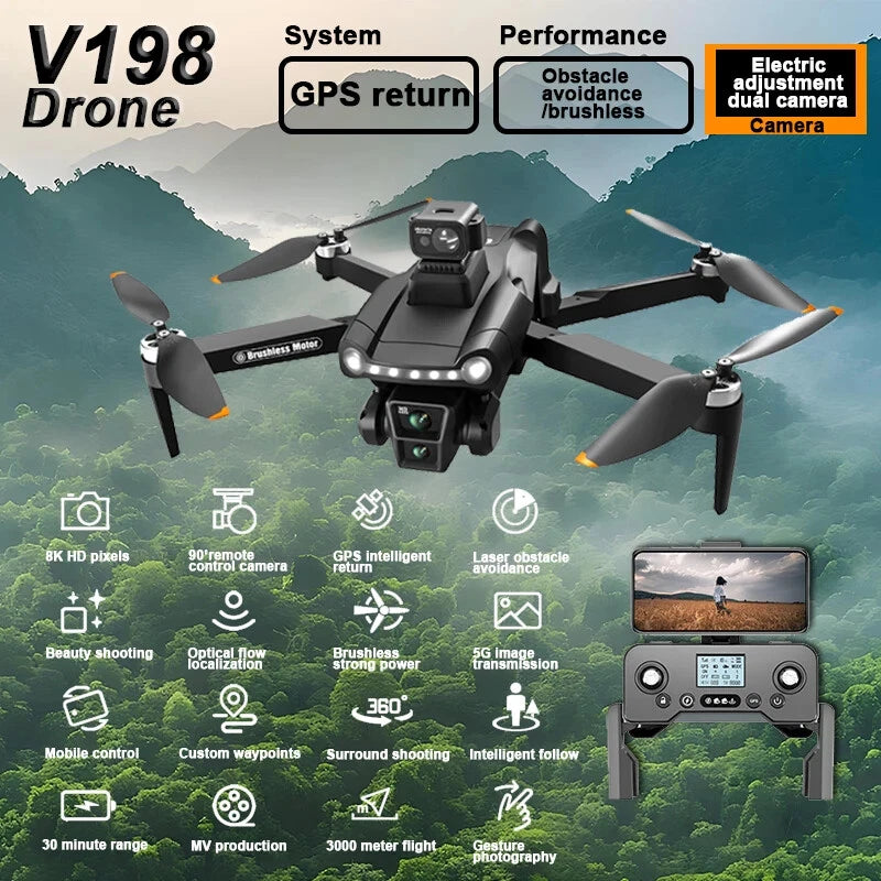 Foldable quadcopter drone with front camera, four propellers, and GPS-style module