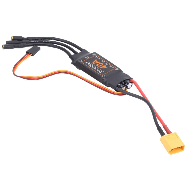 RC brushless motor speed controller with XT60 connector and multicolor wire leads