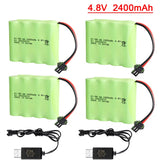 4-pack Ni-MH AA battery packs with green cells, 4.8V 2400mAh and plug leads