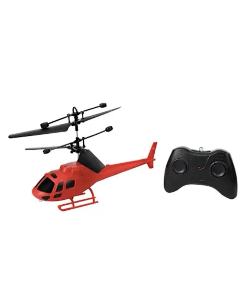 Red remote control helicopter with black controller, two antennas and rotor blades
