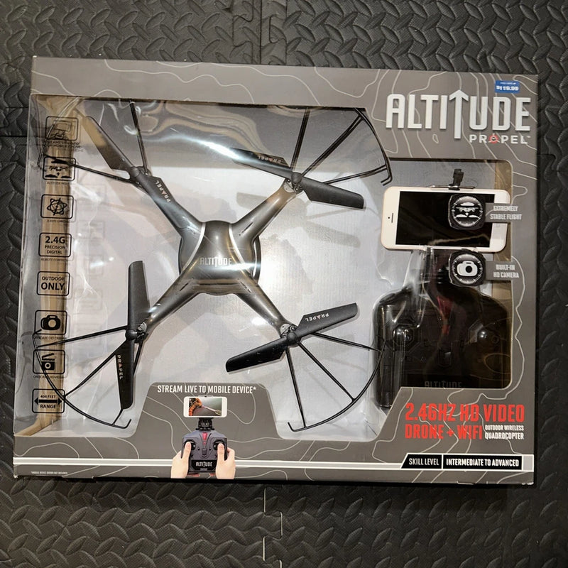 Altitude Propel quadcopter drone retail box with camera and WiFi streaming details
