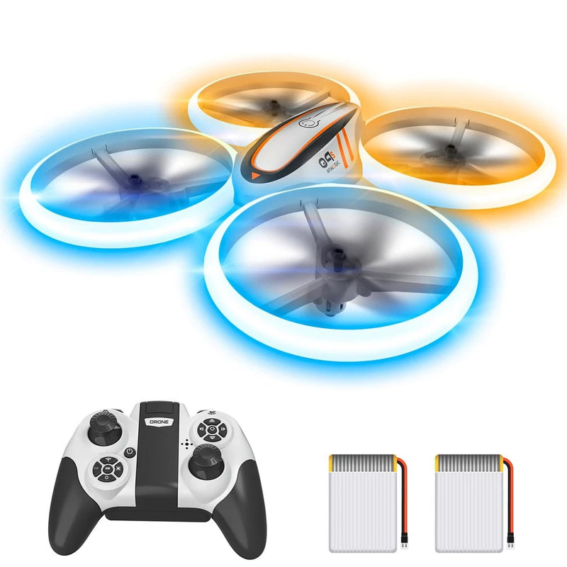 Kids RC drone set: orange and blue LED ring quadcopter with controller and battery packs
