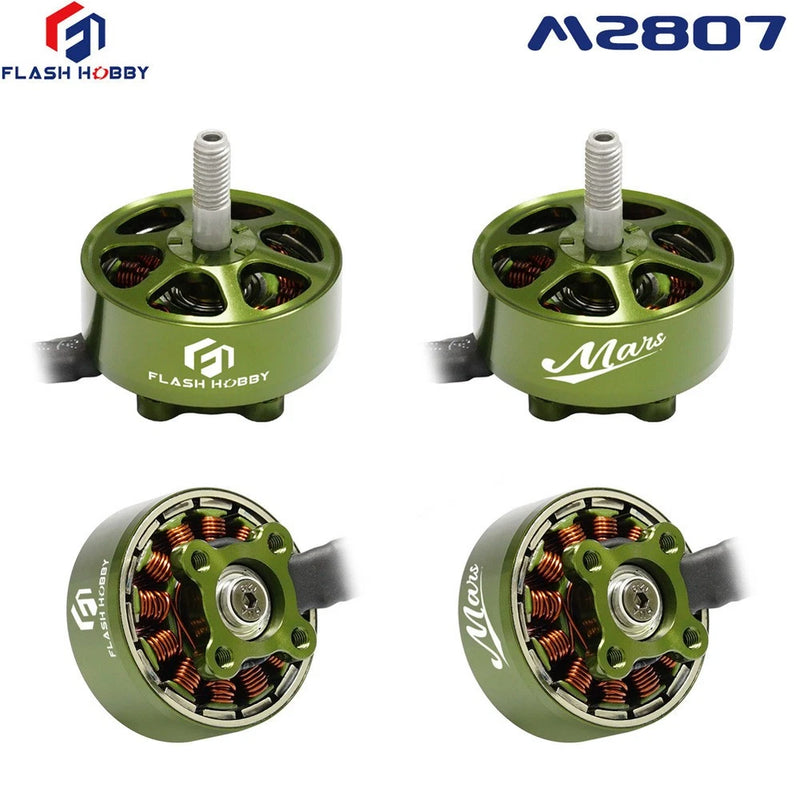 Green Mars 2807 brushless RC motor with mounting holes, shaft, and exposed coils