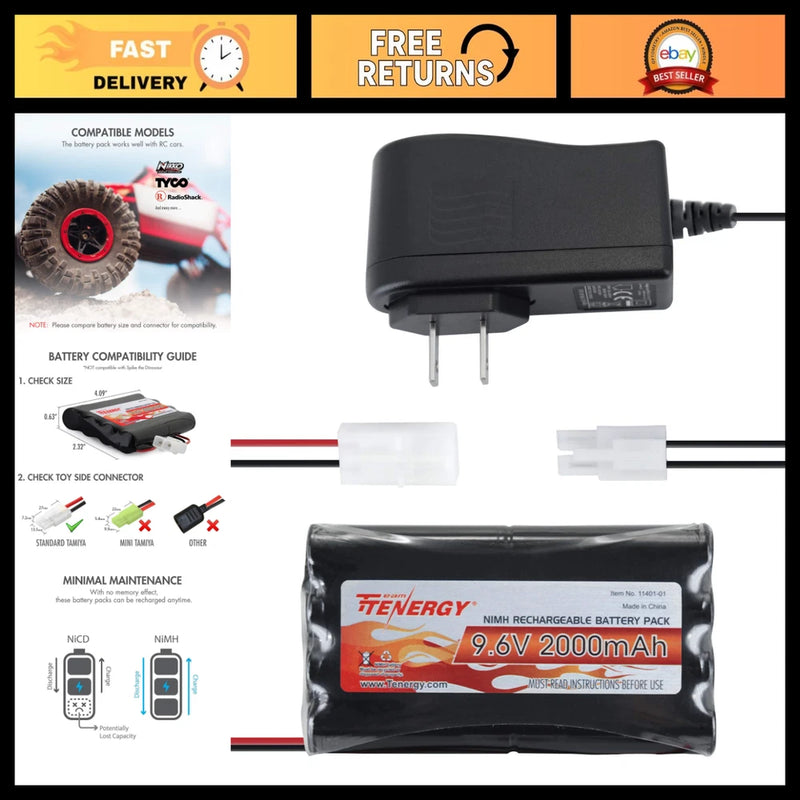 High Capacity 2000mAh 9.6V NiMH RC Battery Pack & Charger, Tamiya Connector Battery
