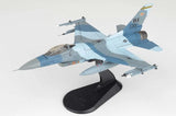 1/72 fighter jet model on black display stand, blue and gray with nose cockpit
