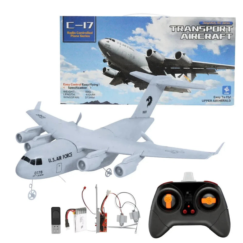 RC C-17 transport aircraft model with white fuselage and black remote controller 2.4GHz