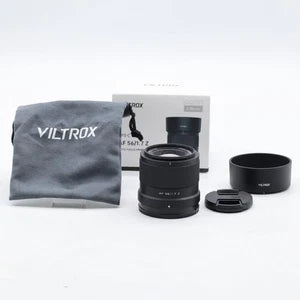 VILTROX AF 56mm F1.7 camera lens kit with cap, hood, and storage pouch
