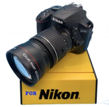 Telephoto zoom lens for Nikon DSLR with mounted camera and front lens glass
